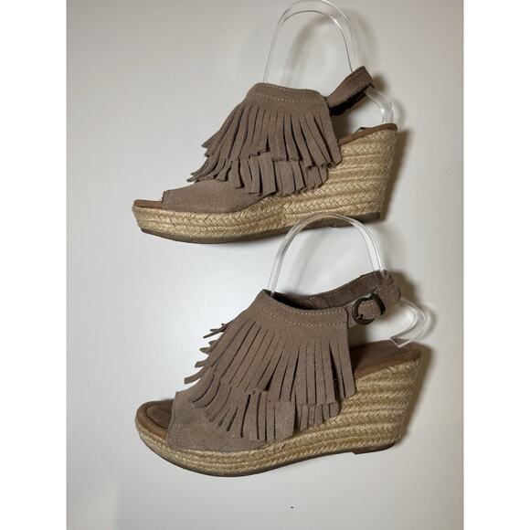 Minnetonka Sz 7 Espadrille Wedge Tan Sandal Ashley Fringe Suede Leather - Picture 5 of 8